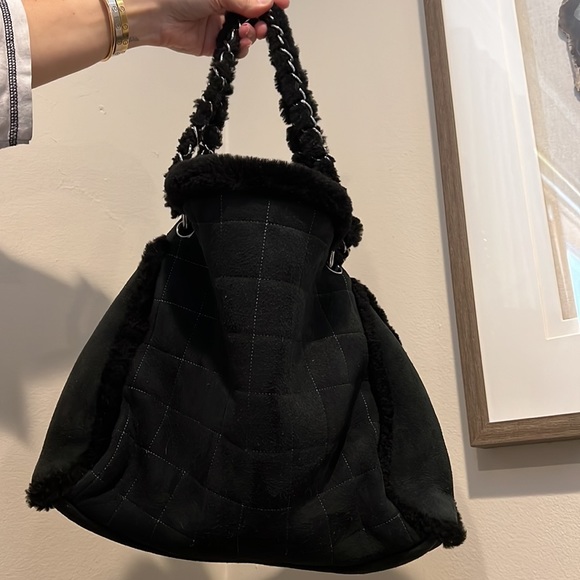 CHANEL Bags Chanel Hobo Vintage Mouton Fur Black Suede Quilted